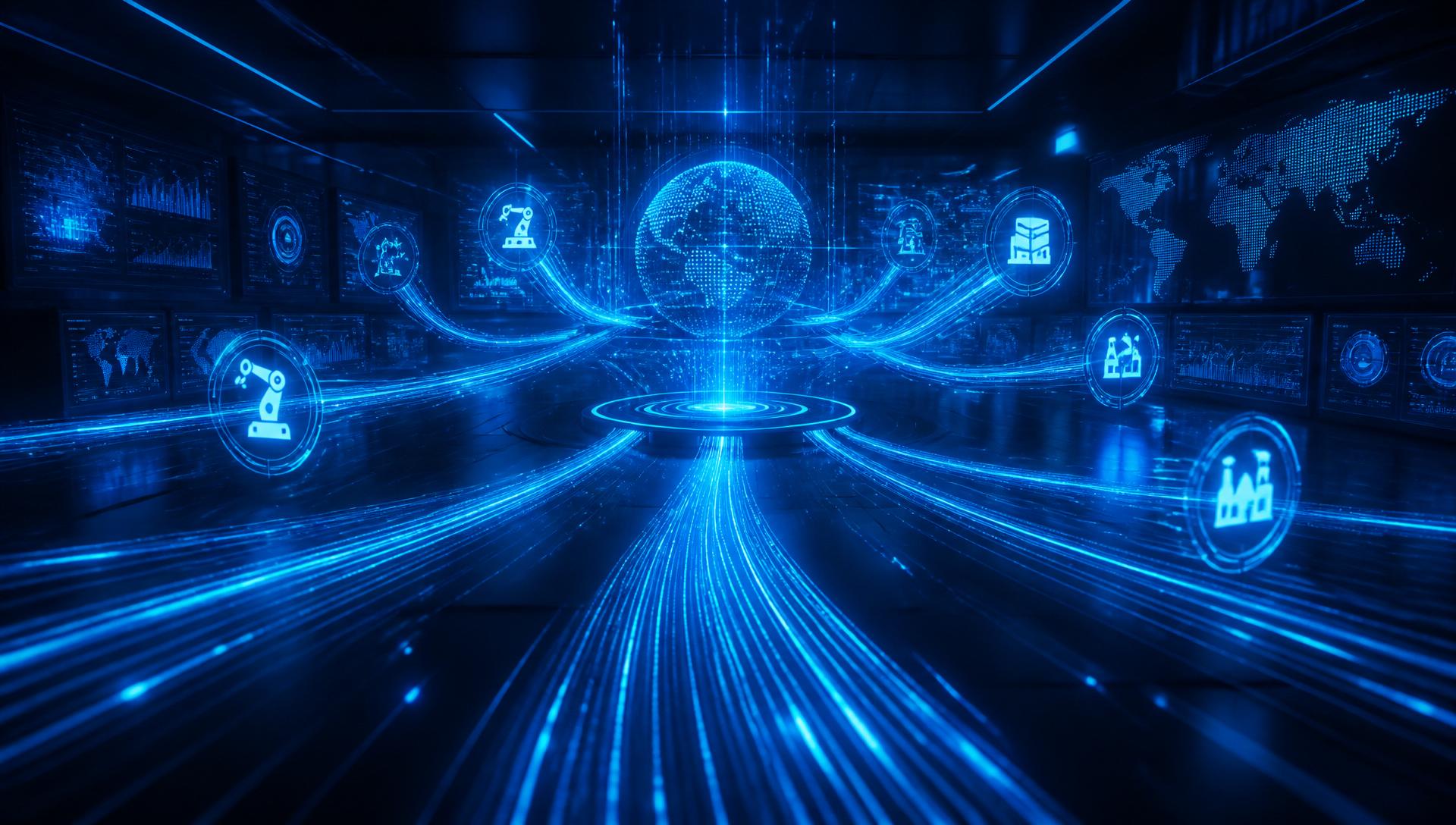 Automation control room with glowing data streams