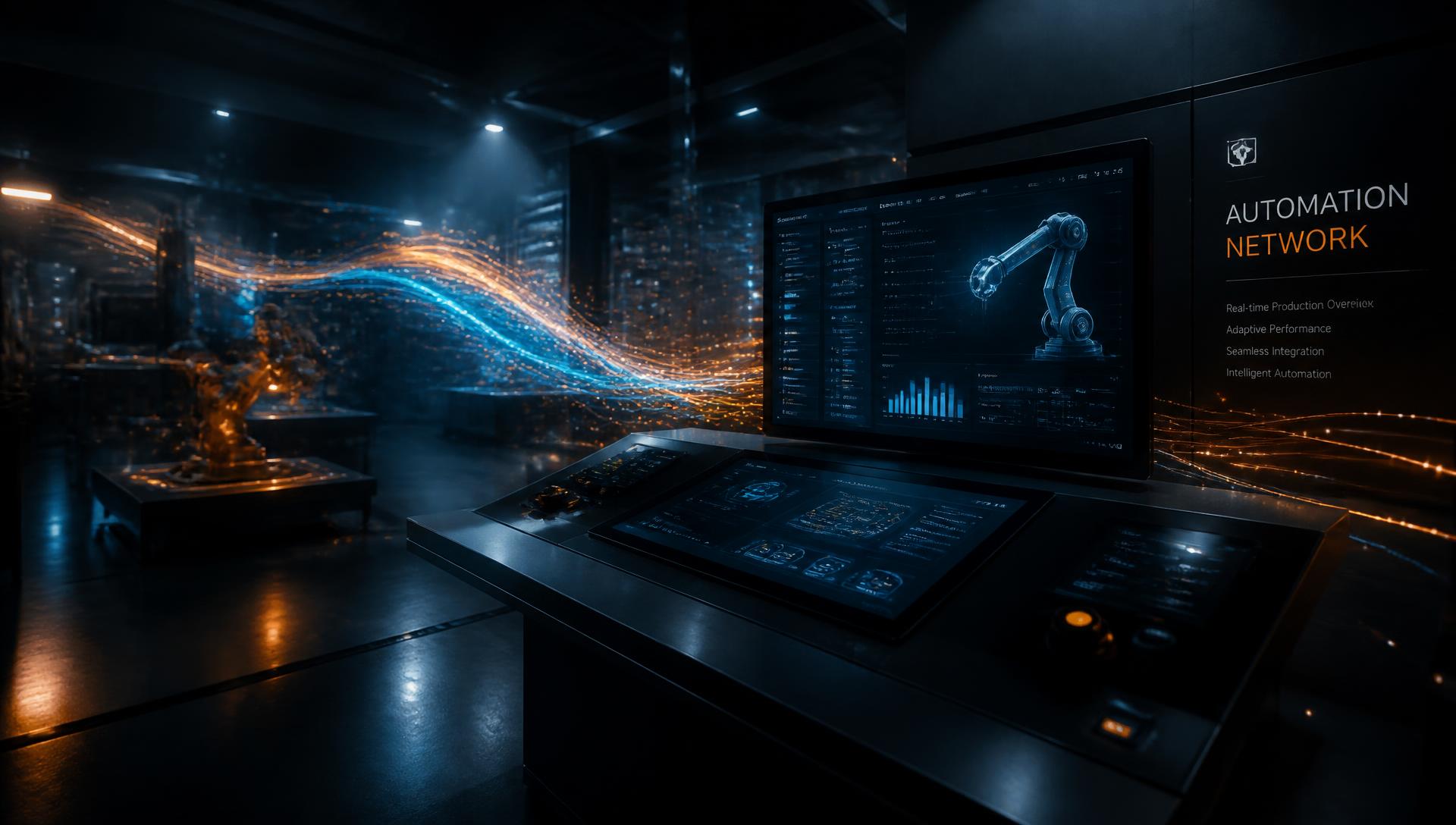 Automation control room with glowing data streams